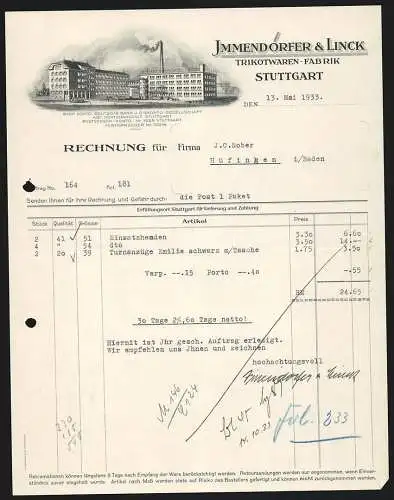 Rechnung Stuttgart 1933, Immendörfer & Linck, Trikotwaren-Fabrik, Transport-LKW vor dem Betriebsgelände