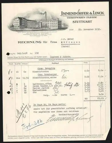 Rechnung Stuttgart 1932, Immendörfer & Linck, Trikotwaren-Fabrik, Transport-LKW vor dem Betriebsgelände