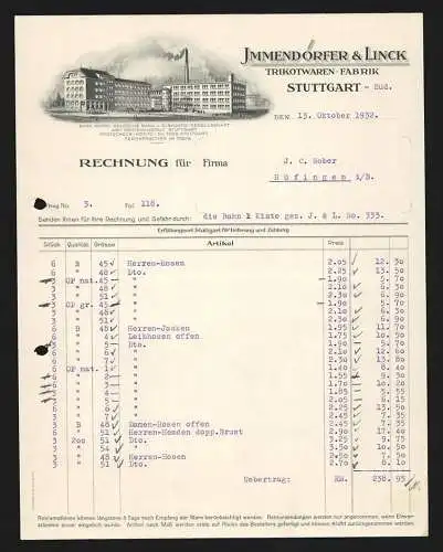 Rechnung Stuttgart 1932, Immendörfer & Linck, Trikotwaren-Fabrik, Transport-LKW vor dem Fabrikgelände