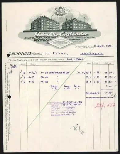 Rechnung Stuttgart 1930, Gebrüder Engländer, Gardinenfabrik, Modellansicht der Betriebsstelle