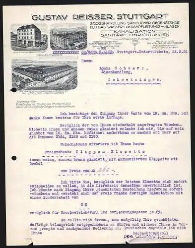 Rechnung Stuttgart-Untertürkheim 1921, Gustav Reisser, Fabrik für Teile von Sanitäranlagen, Hauptwerk und Zweigstellen
