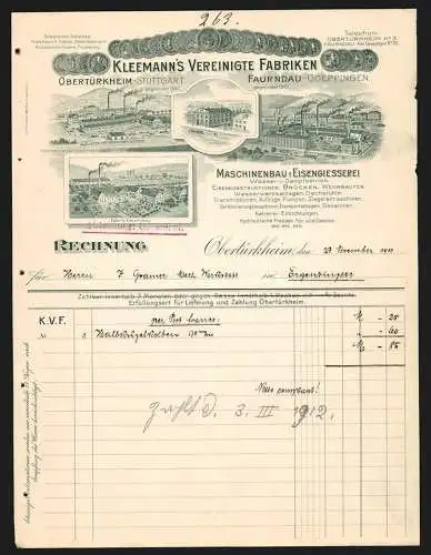 Rechnung Obertürkheim 1911, Kleemann`s Vereinigte Fabriken, Maschinenbau und Eisengiesserei, Ansicht dreier Werke