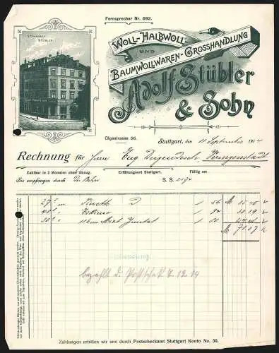 Rechnung Stuttgart 1914, Adolf Stübler & Sohn, Textil-Grosshandlung, Ansicht des Stammhauses Stübler