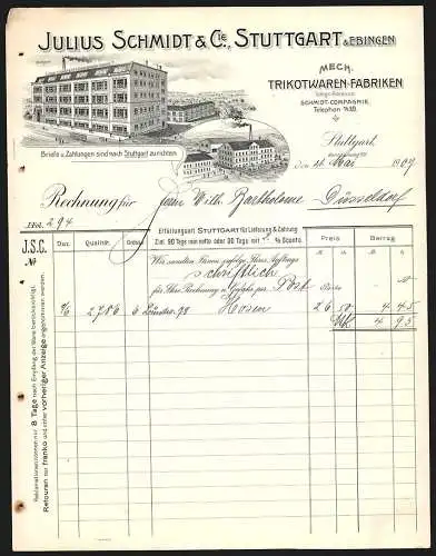 Rechnung Stuttgart 1907, Julius Schmidt & Cie., Trikotwaren-Fabriken, Werke in Stuttgart und Ebingen