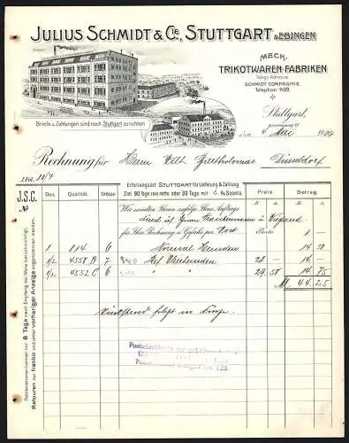 Rechnung Stuttgart 1909, Julius Schmidt & Cie., Trikotwaren-Fabriken, Werke in Stuttgart und Ebingen