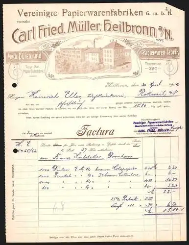 Rechnung Heilbronn 1909, Carl Fried. Müller, Vereinigte Papierwaren GmbH, Betriebsgelände mit Parkanlage