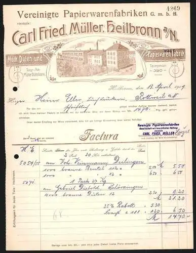 Rechnung Heilbronn 1909, Carl Fried. Müller, Vereinigte Papierwaren GmbH, Fabrikgelände mit Parkanlage