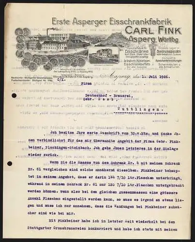 Rechnung Asperg 1926, Carl Fink, Eisschrankfabrik, Betriebsgelände, Wohnhaus am Bahnhof, Auszeichnungen