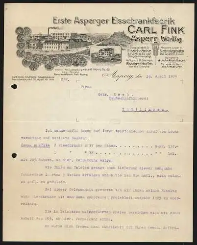Rechnung Asperg 1925, Carl Fink, Eisschrankfabrik, Betriebsansicht, Wohnhaus am Bahnhof, Auszeichnungen