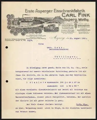 Rechnung Asperg 1926, Carl Fink, Eisschrankfabrik, Betriebsansicht, Wohnhaus am Bahnhof, Auszeichnungen