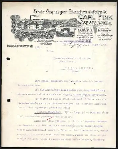 Rechnung Asperg 1928, Carl Fink, Eisschrankfabrik, Betriebsansicht, Wohnhaus am Bahnhof, Auszeichnungen
