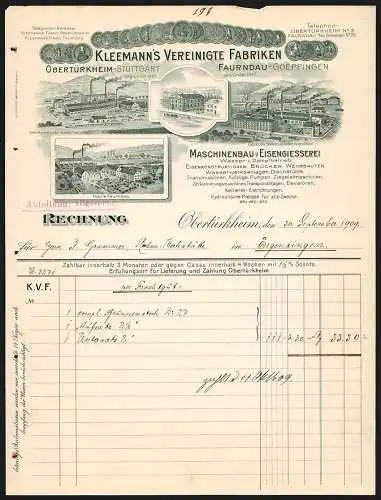 Rechnung Obertürkheim 1909, Kleemann`s Vereinigte Fabriken, Maschinenbau & Eisengiesserei, Vier Niederlassungen