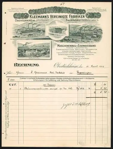 Rechnung Obertürkheim 1909, Kleemann`s Vereinigte Fabriken, Maschinenbau & Eisengiesserei, Blick auf vier Niederlagen
