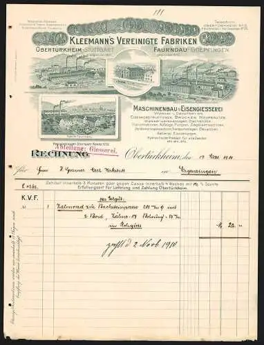 Rechnung Obertürkheim 1910, Kleemann`s Vereinigte Fabriken, Maschinenbau & Eisengiesserei, Vier Niederlassungen