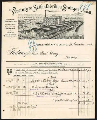 Rechnung Untertürkheim-Stuttgart 1909, Vereinigte Seifenfabriken Stuttgart GmbH, Fabrikgelände mit eigener Gleisanlage