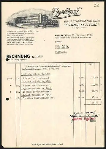 Rechnung Fellbach 1936, Egelhof, Baustoffhandlung, Ansicht der Fabrikanlage Robert Egelhof