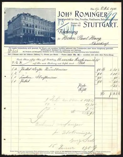 Rechnung Stuttgart 1908, Joh. Rominger, Glas-, Porzellan- & Metallwaren-Handlung, Geschäftsansicht an der Strasse
