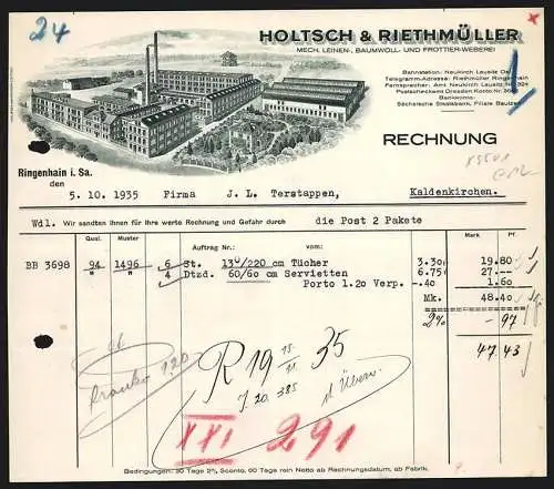 Rechnung Ringenhain i. Sa. 1935, Holtsch & Riethmüller, Textil-Fabrikation, Fabrikgelände mit leerem Lagerplatz