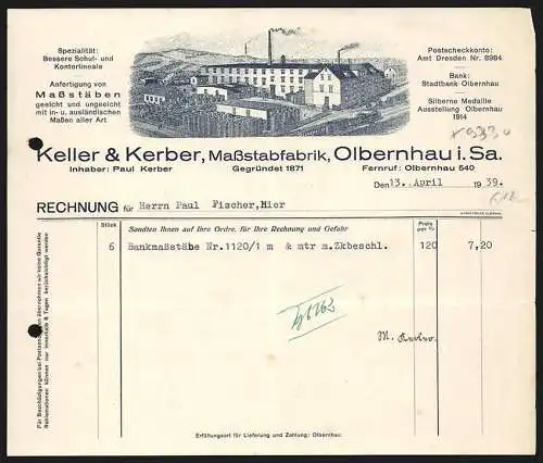Rechnung Olbernhau i. Sa. 1939, Keller & Kerber, Massstabfabrik, Betriebsgelände mit Lagerplatz an Bahngleisen