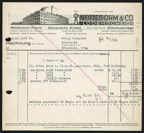 Rechnung Lüdenscheid 1948, Nottebohm & Co., Metallwaren-Fabrik, Modellansicht des Fabrikgebäudes, Fabrikmarke