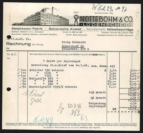 Rechnung Lüdenscheid 1946, Nottebohm & Co., Metallwaren-Fabrik, Modellansicht des Fabrikgebäudes, Fabrikmarke