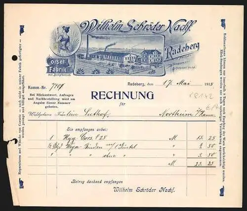 Rechnung Radeberg 1915, Wilhelm Schröder Nachf., Corset-Fabrik, Betriebsansicht, Schutzmarke Hygiea-Corset