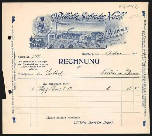 Rechnung Radeberg 1915, Wilhelm Schröder Nachf., Corset-Fabrik, Werkansicht, Schutzmarke Hygiea-Corset