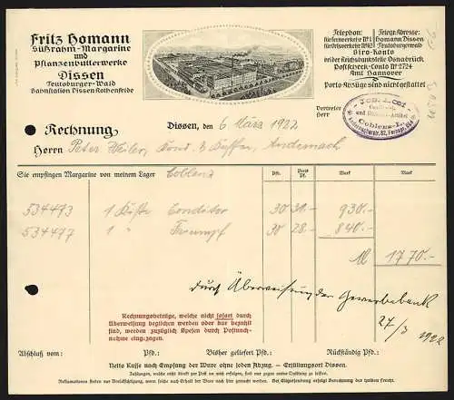 Rechnung Dissen 1922, Fritz Homann, Süssrahm-, Margarine- & Pflanzenbutterwerke, Gesamtansicht des Betriebsgeländes