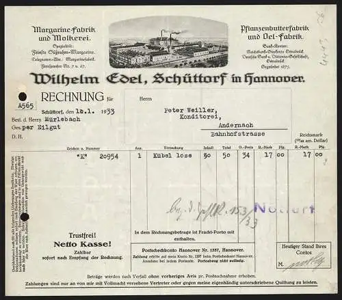 Rechnung Schüttorf 1933, Wilhelm Edel, Margarine-, Pflanzenbutter- & Oel-Fabrik, Molkerei, Betriebs-Gesamtansicht