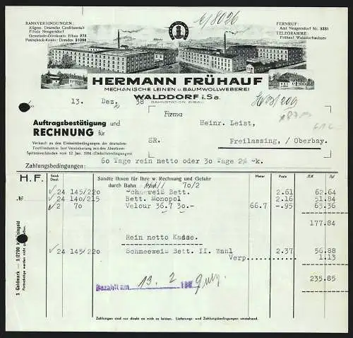 Rechnung Walddorf i. Sa. 1938, Hermann Frühauf, Mech. Leinen- & Baumwollweberei, Das Werk von zwei Seiten aus