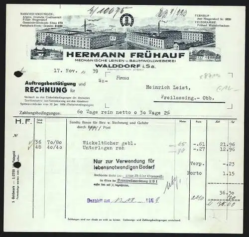 Rechnung Walddorf i. Sa. 1939, Hermann Frühauf, Mech. Leinen- & Baumwollweberei, Das Werk von zwei Seiten aus