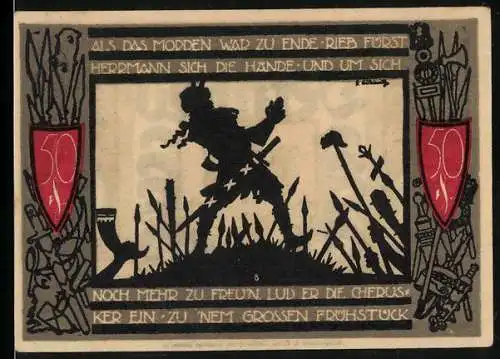 Notgeld Detmold 1920, 50 Pfennig, Waffen, Wappen, Hermann der Cherusker im Siegestaumel