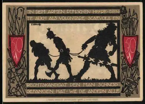 Notgeld Detmold 1920, 50 Pfennig, Waffen, Wappen, Gefangene römische Legionäre