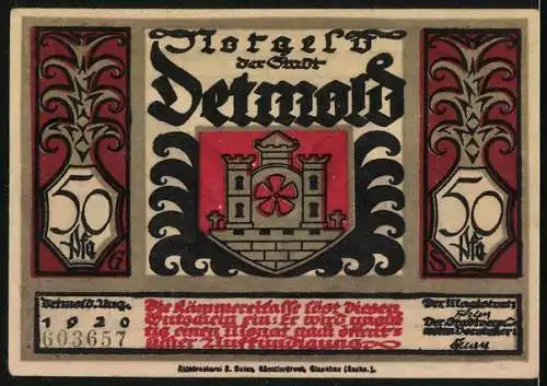 Notgeld Detmold 1920, 50 Pfennig, Waffen, Wappen, Gefangene römische Legionäre