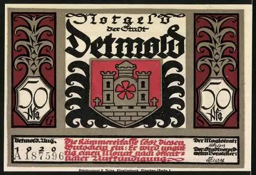 Notgeld Detmold 1920, 50 Pfennig, Waffen, Wappen, Römischer Feldherr verlangt den Freitod