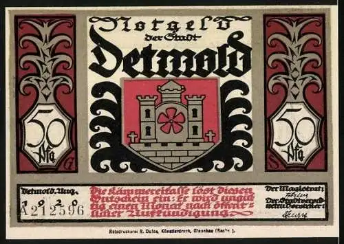 Notgeld Detmold 1920, 50 Pfennig, Waffen, Wappen, Hermannsdenkmal