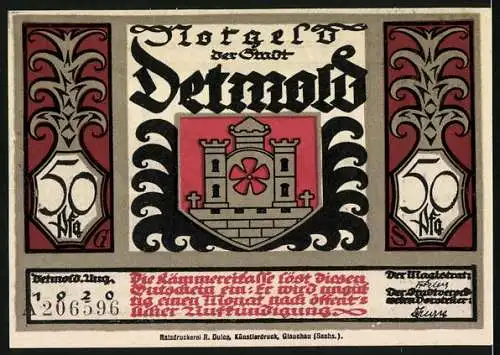 Notgeld Detmold 1920, 50 Pfennig, Waffen, Wappen, Römischer Kaiser erhält die Nachricht von der Niederlage