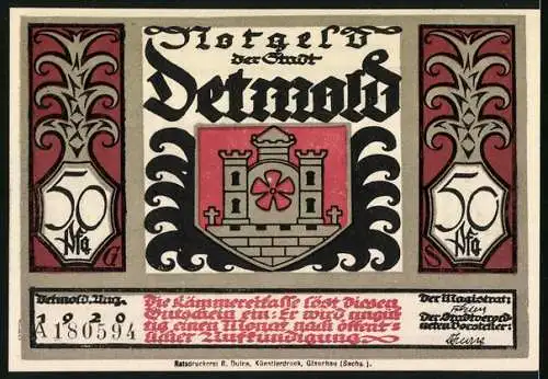 Notgeld Detmold 1920, 50 Pfennig, Waffen, Wappen, Römischer Feldherr versinkt im Sumpf