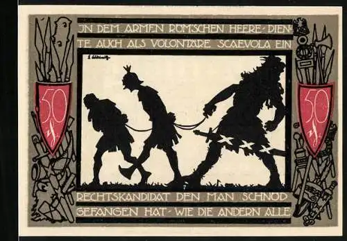 Notgeld Detmold 1920, 50 Pfennig, Waffen, Wappen, Römische Gefangene werden abgeführt