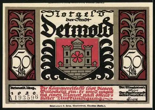 Notgeld Detmold 1920, 50 Pfennig, Waffen, Wappen, Römische Gefangene werden abgeführt