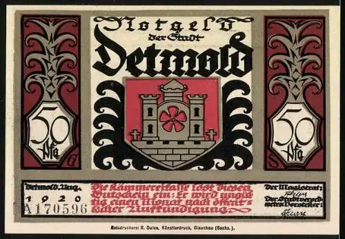 Notgeld Detmold 1920, 50 Pfennig, Waffen, Wappen, Cherusker stürzen sich auf die Römer