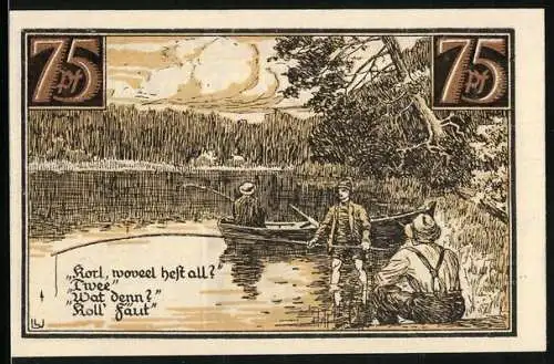 Notgeld Fürstenberg /Meckl. 1921, 75 Pfennig, Wappen, Angler an einem See