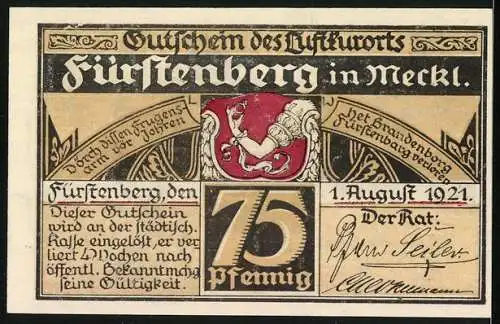 Notgeld Fürstenberg /Meckl. 1921, 75 Pfennig, Wappen, Angler an einem See