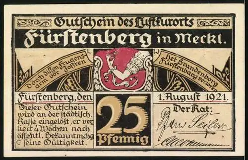 Notgeld Fürstenberg /Meckl. 1921, 25 Pfennig, Wappen, Haveldampfer, Portrait