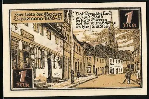 Notgeld Fürstenberg /Meckl. 1921, 1 Mark, Wappen, Strassenpartie mit Haus Schliemanns