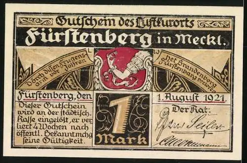 Notgeld Fürstenberg /Meckl. 1921, 1 Mark, Wappen, Strassenpartie mit Haus Schliemanns