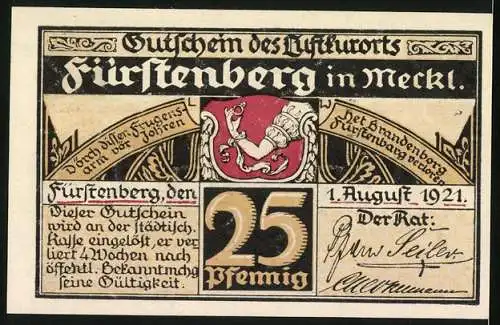 Notgeld Fürstenberg /Meckl. 1921, 25 Pfennig, Wappen, Haveldampfer, Kapitän