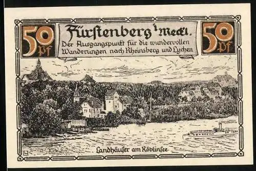 Notgeld Fürstenberg /Meckl. 1921, 50 Pfennig, Wappen, Landhäuser am Röblinsee