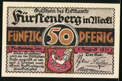 Notgeld Fürstenberg /Meckl. 1921, 50 Pfennig, Wappen, Landhäuser am Röblinsee