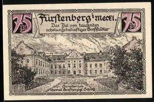 Notgeld Fürstenberg /Meckl. 1921, 75 Pfennig, Wappen, Sanatorium / Ehem. Grossherzogl Schloss